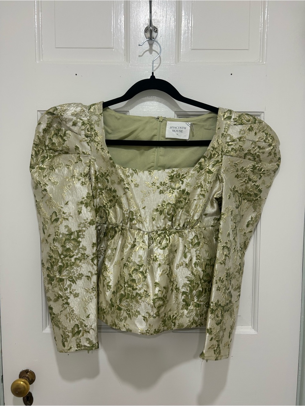 Olive Green Floral Brocade Puff-Sleeve Top